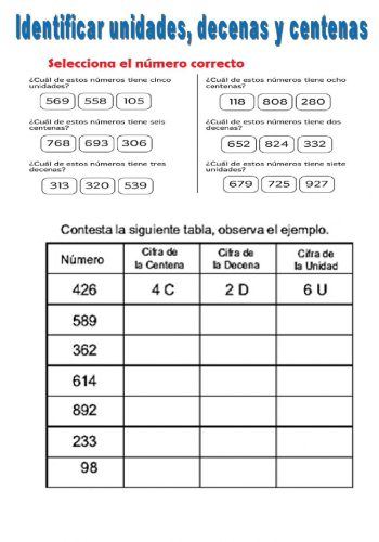 Ejemplos de ejercicios con unidades, decenas y centenas 1