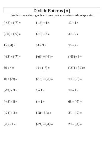 Fichas de divisiones para números enteros 2