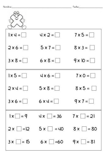 Fichas de multiplicaciones para niños de Primaria 1