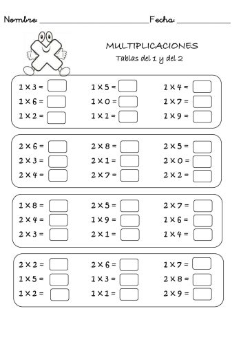 Fichas de multiplicaciones para niños de Primaria 2