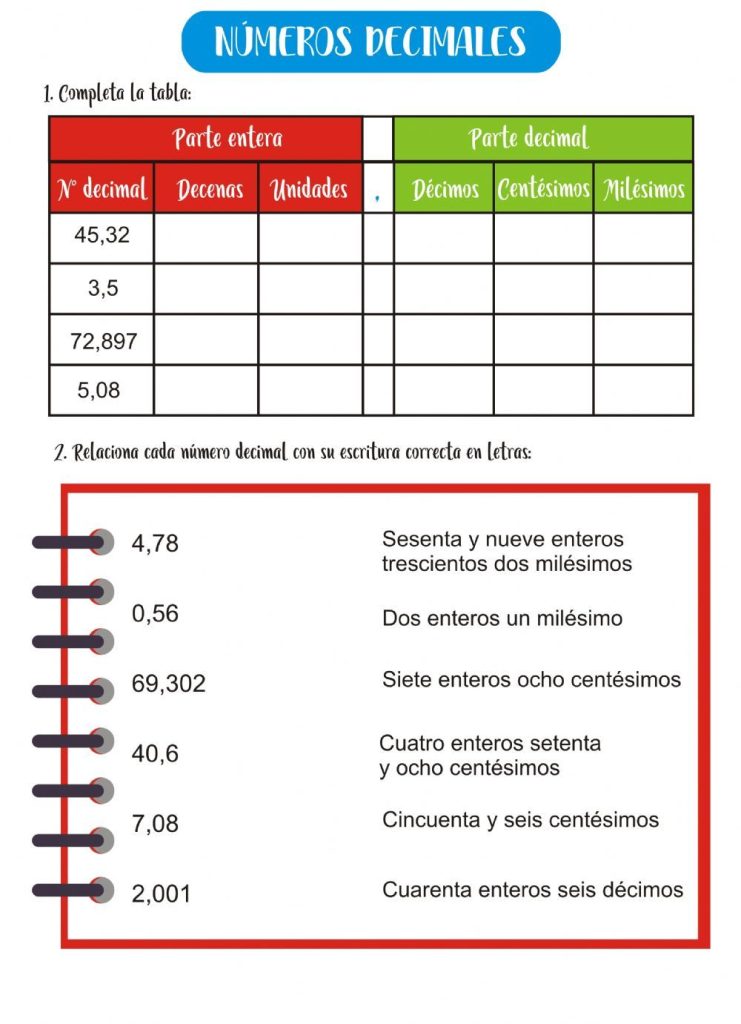 Ficha de números decimales