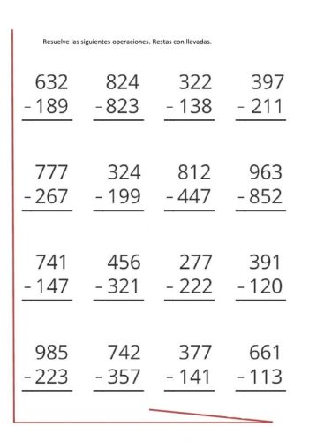 Ejercicios de restas con llevadas de dos y tres cifras 3