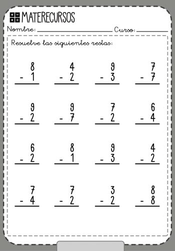 Ejemplos de ficha de restas con llevadas para practicar 2