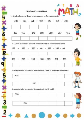 Secuencias ascendentes y descendentes actividades para ordenar números en el rango del 200 al 300 3