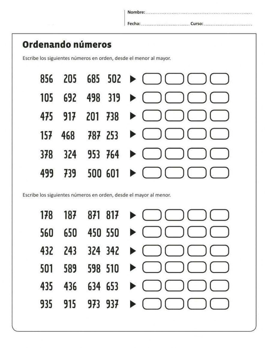 Secuencias ascendentes y descendentes actividades para ordenar números en el rango del 200 al 300 2