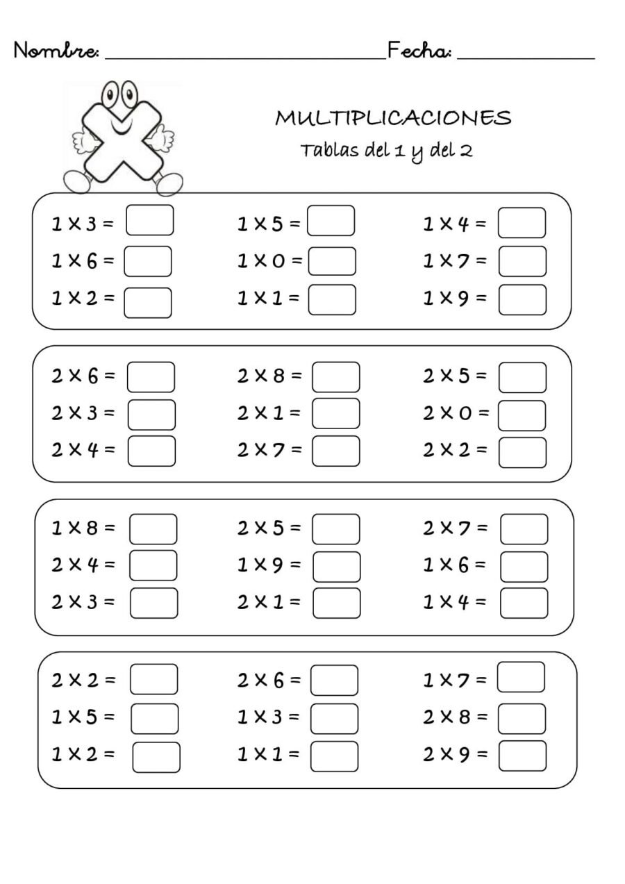 Fichas de multiplicaciones para niños de Primaria 2