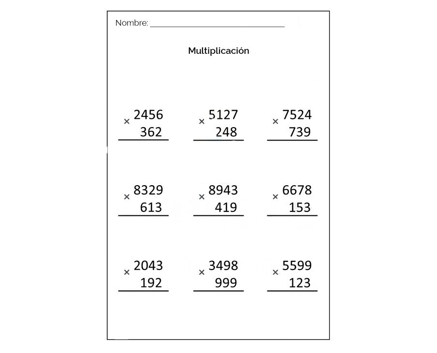 Fichas de multiplicaciones de 3 cifras 2