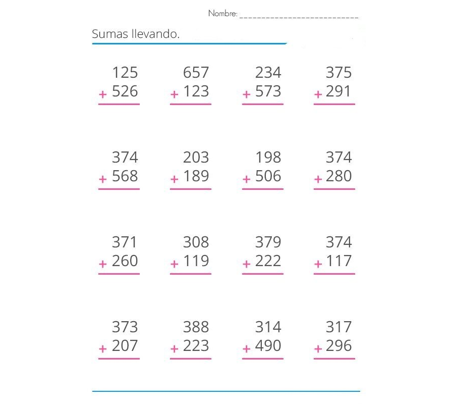 Ejercicios de sumas con llevadas 1