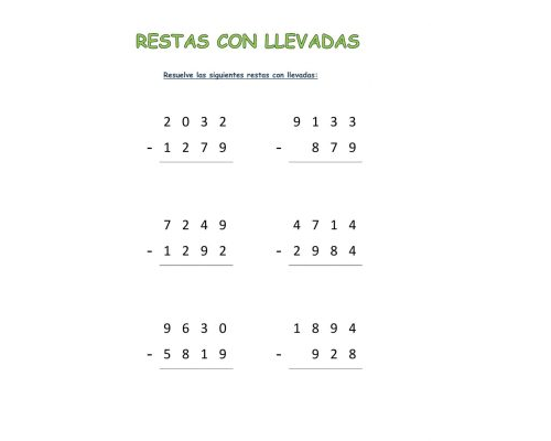 Ejercicios de restas con llevadas de cuatro y cinco cifras 1