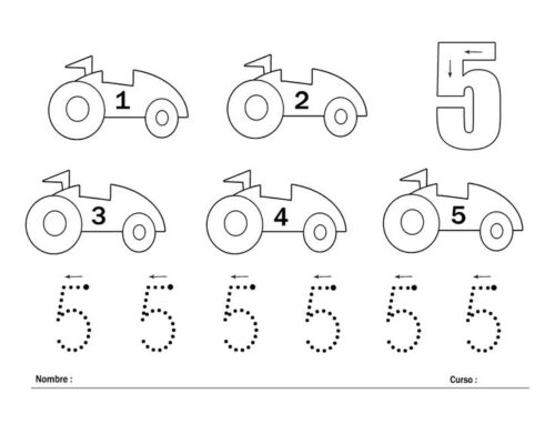 Ejercicios de escritura y reconocimiento del número 5 3