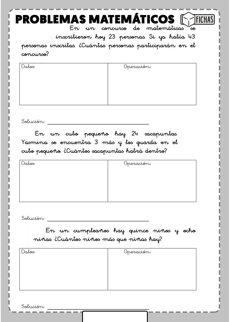 Fichas repaso con problemas matematicos 2