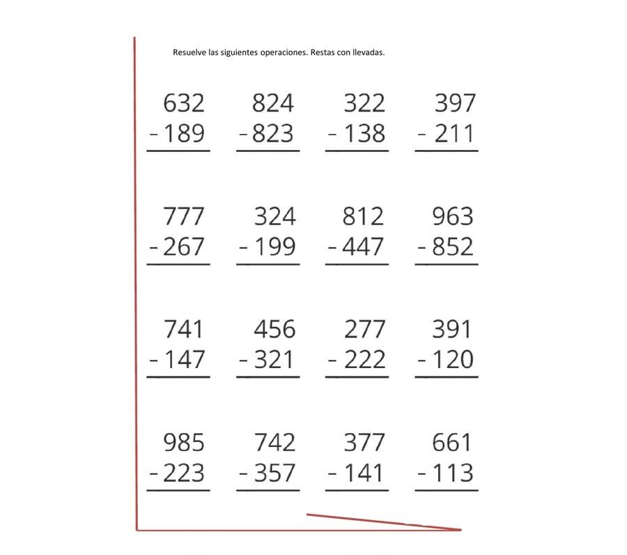 Ejercicios de restas con llevadas de dos y tres cifras 3