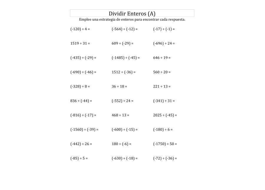 Fichas de divisiones para números enteros 3