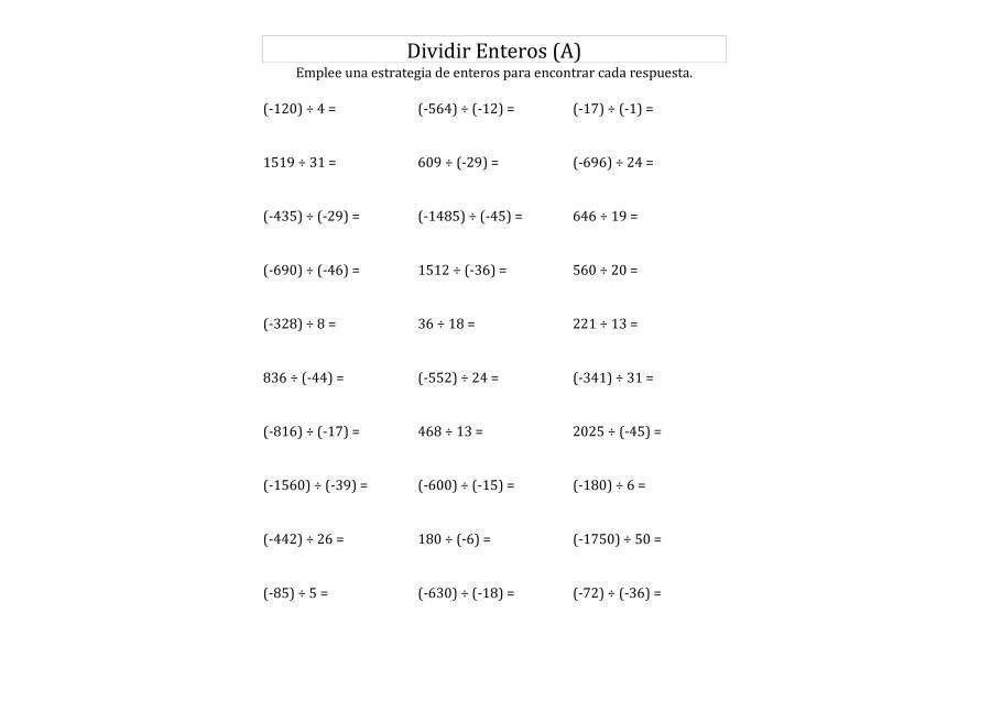 Fichas de divisiones para números enteros 3