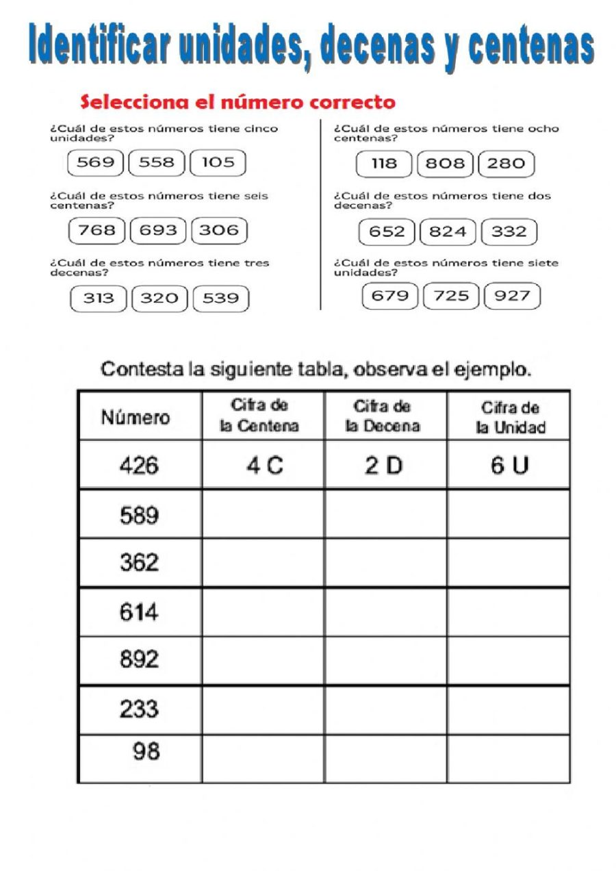 Ejemplos de ejercicios con unidades, decenas y centenas 1