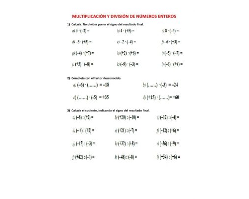Ejercicios de multiplicación y división 1