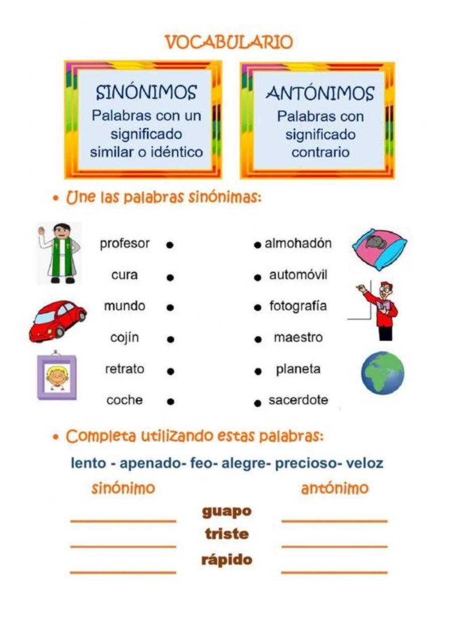 Ficha de sinónimos y antónimos vocabulario 1