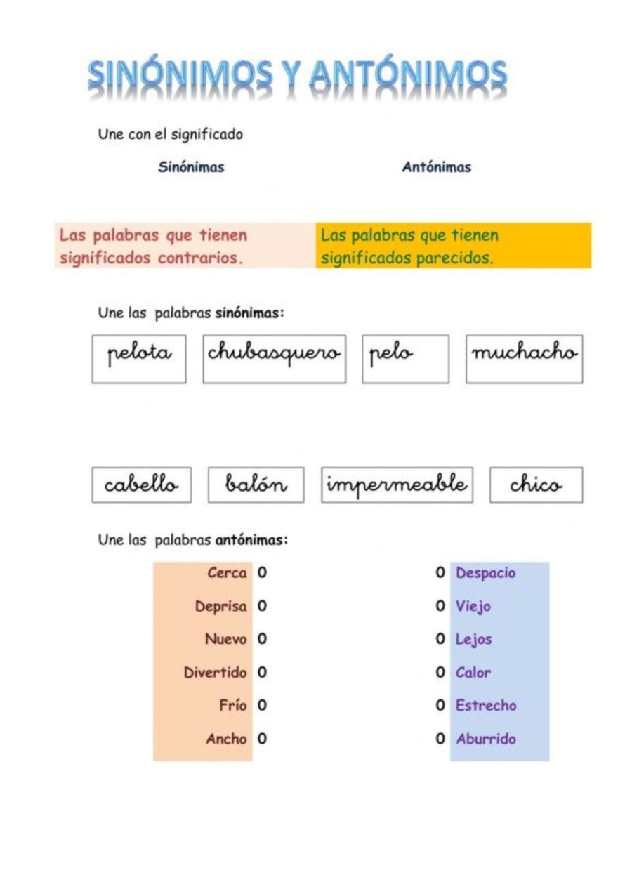 Ficha de sinónimos y antónimos vocabulario 3