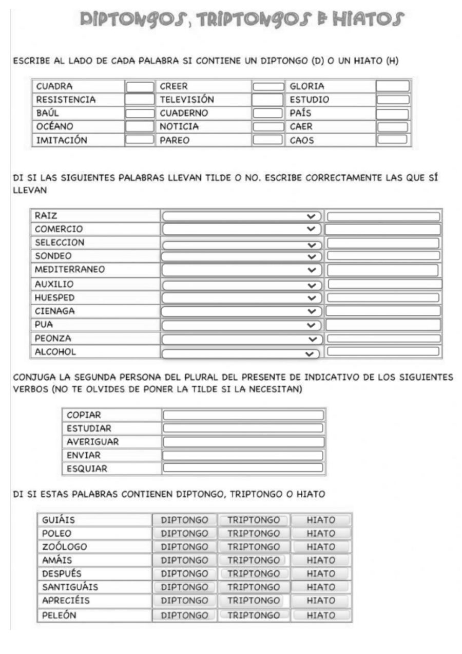 Fichas Diptongos e Hiatos Ejercicios 1