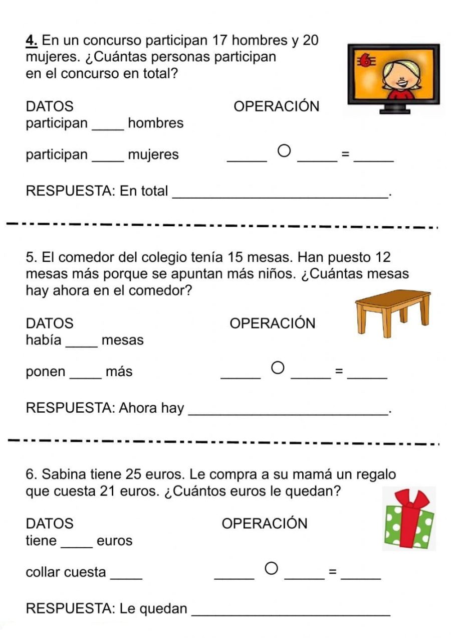 Fichas con problemas matematicos 1