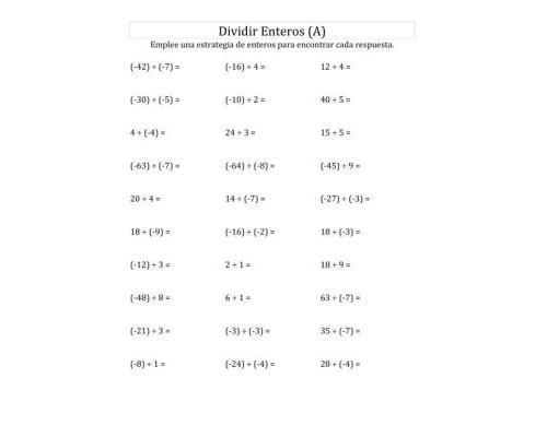 Fichas de divisiones para números enteros 2