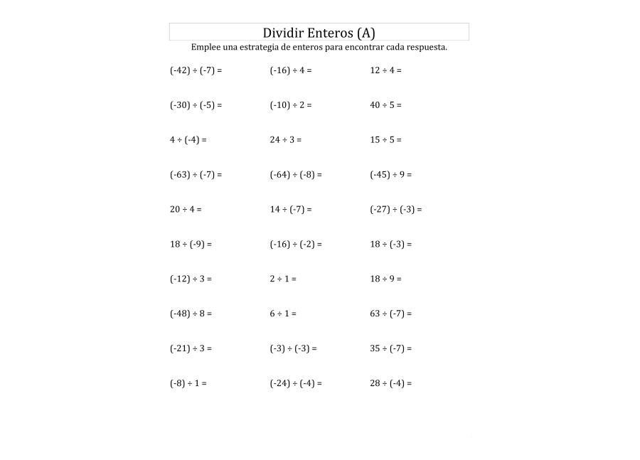 Fichas de divisiones para números enteros 2
