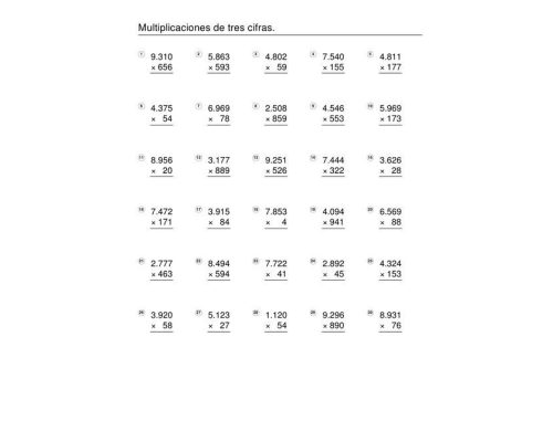 Fichas de multiplicaciones de 3 cifras 3