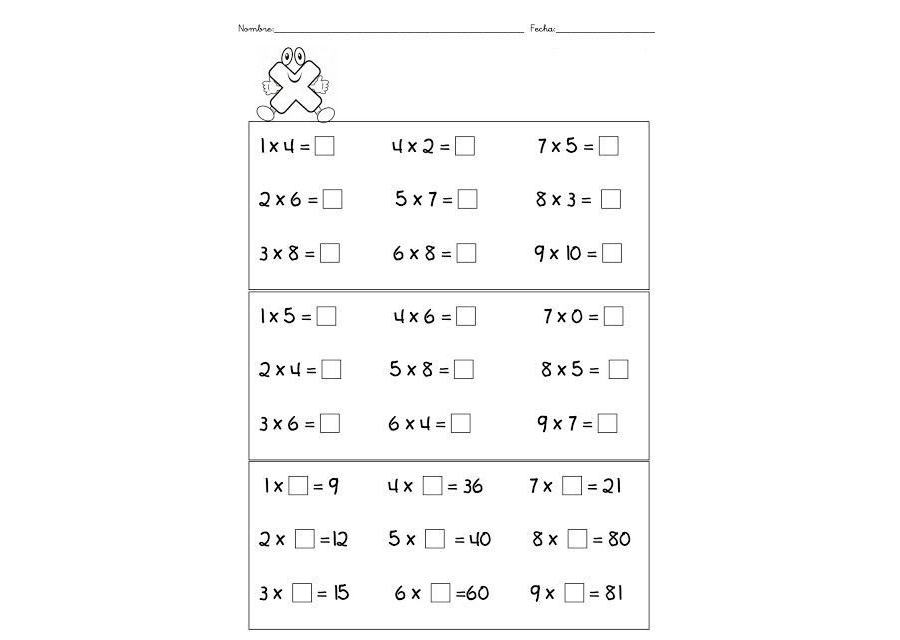 Fichas de multiplicaciones para niños de Primaria 1