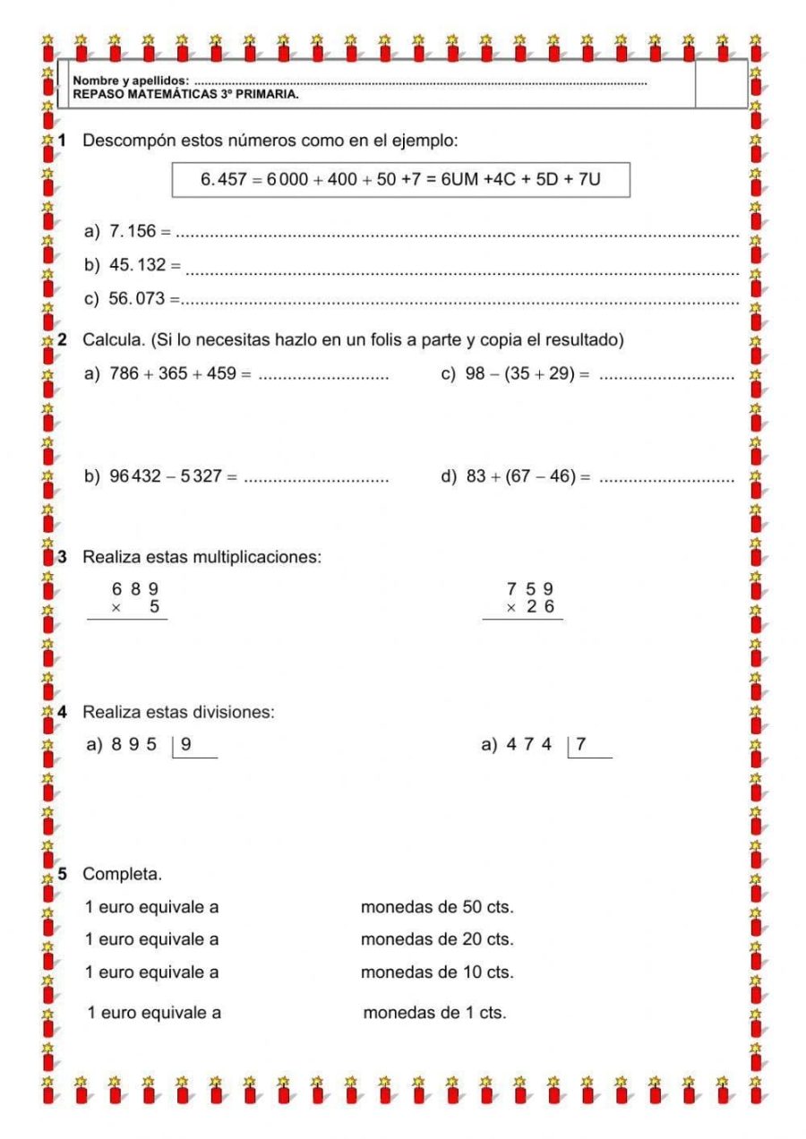 Fichas de repaso 3 primaria para matemáticas 2