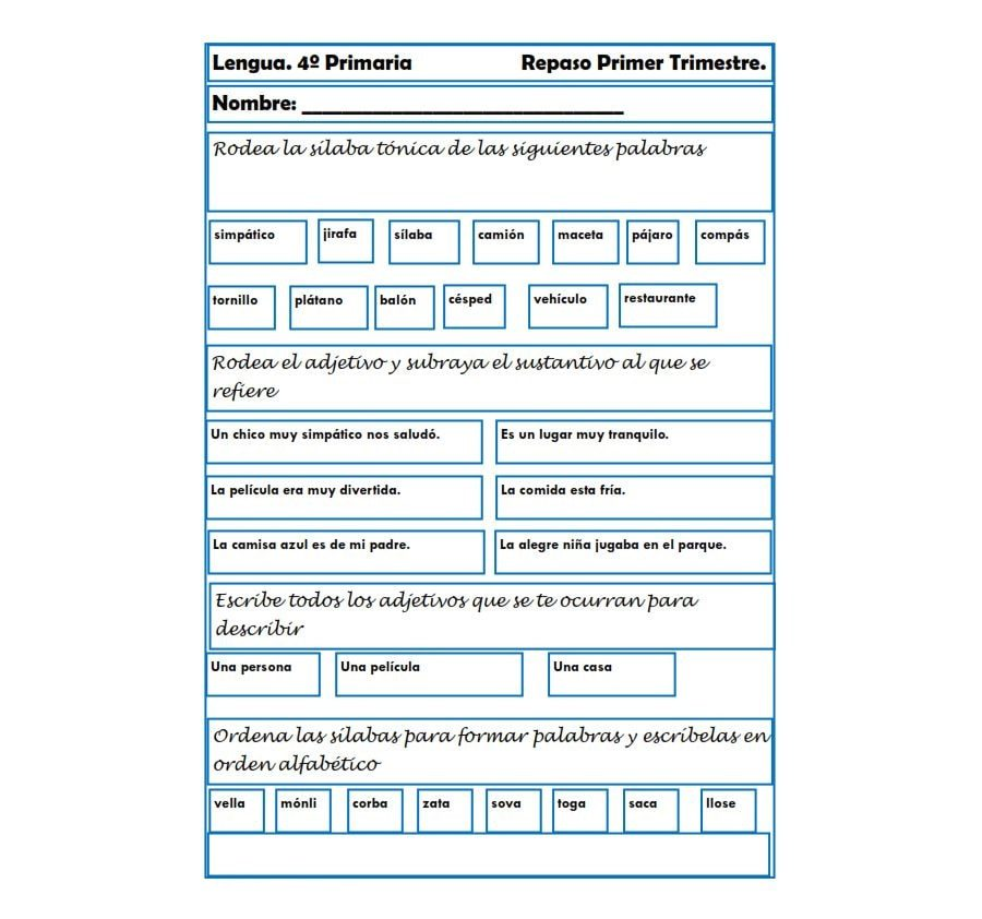 Fichas de repaso de Lengua Castellana 1