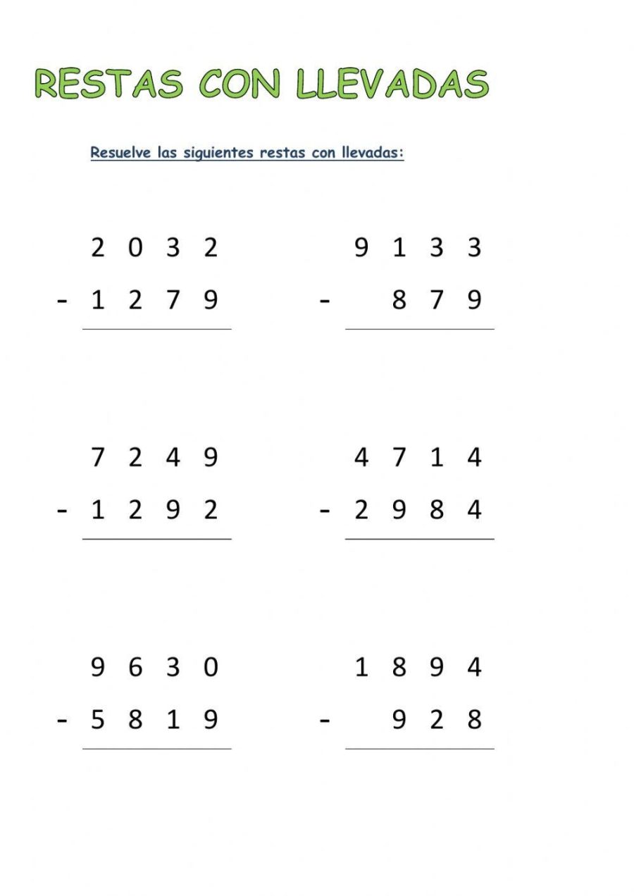 Ejercicios de restas con llevadas de cuatro y cinco cifras 1
