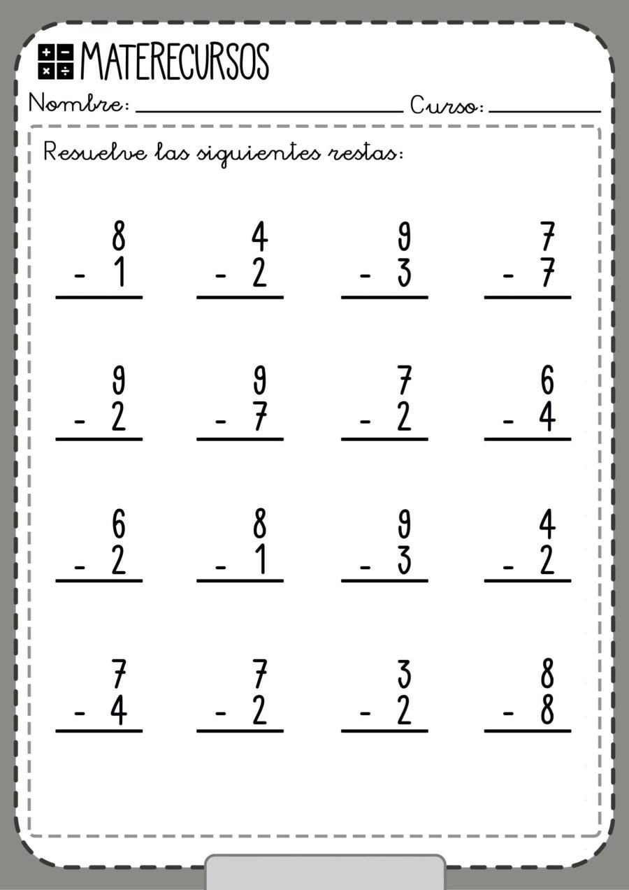 Ejemplos de ficha de restas con llevadas para practicar 2