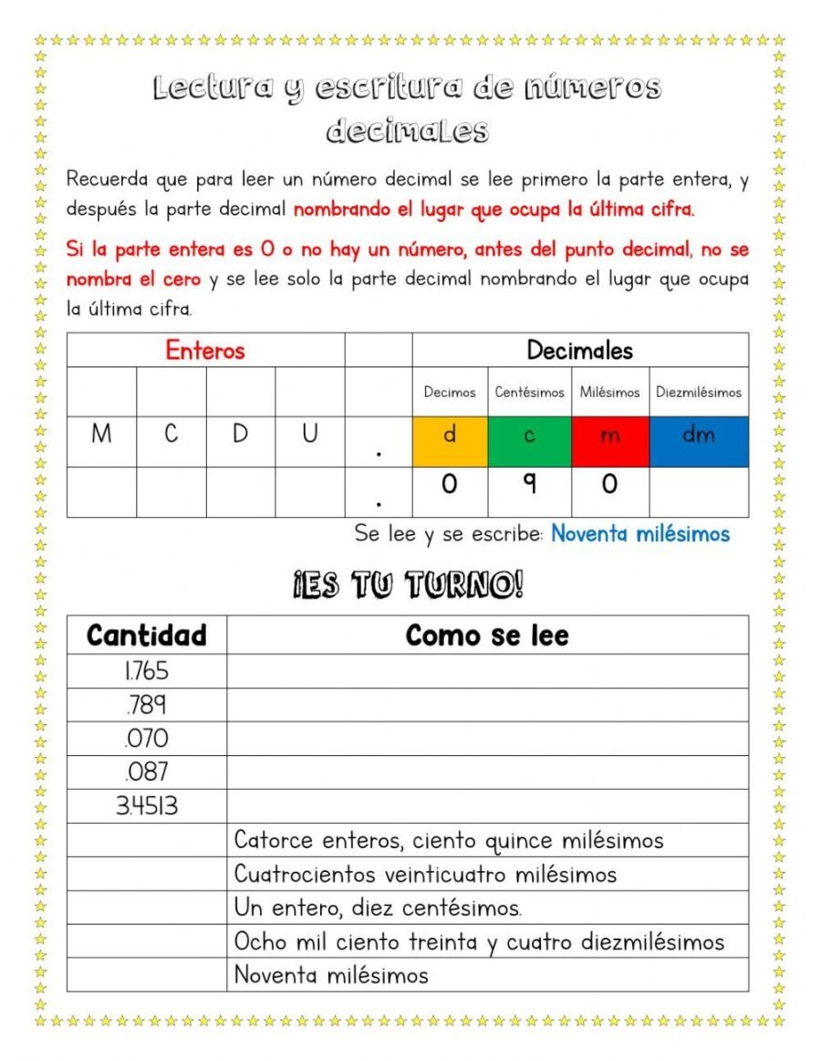 Lectura y escritura de números decimales 1