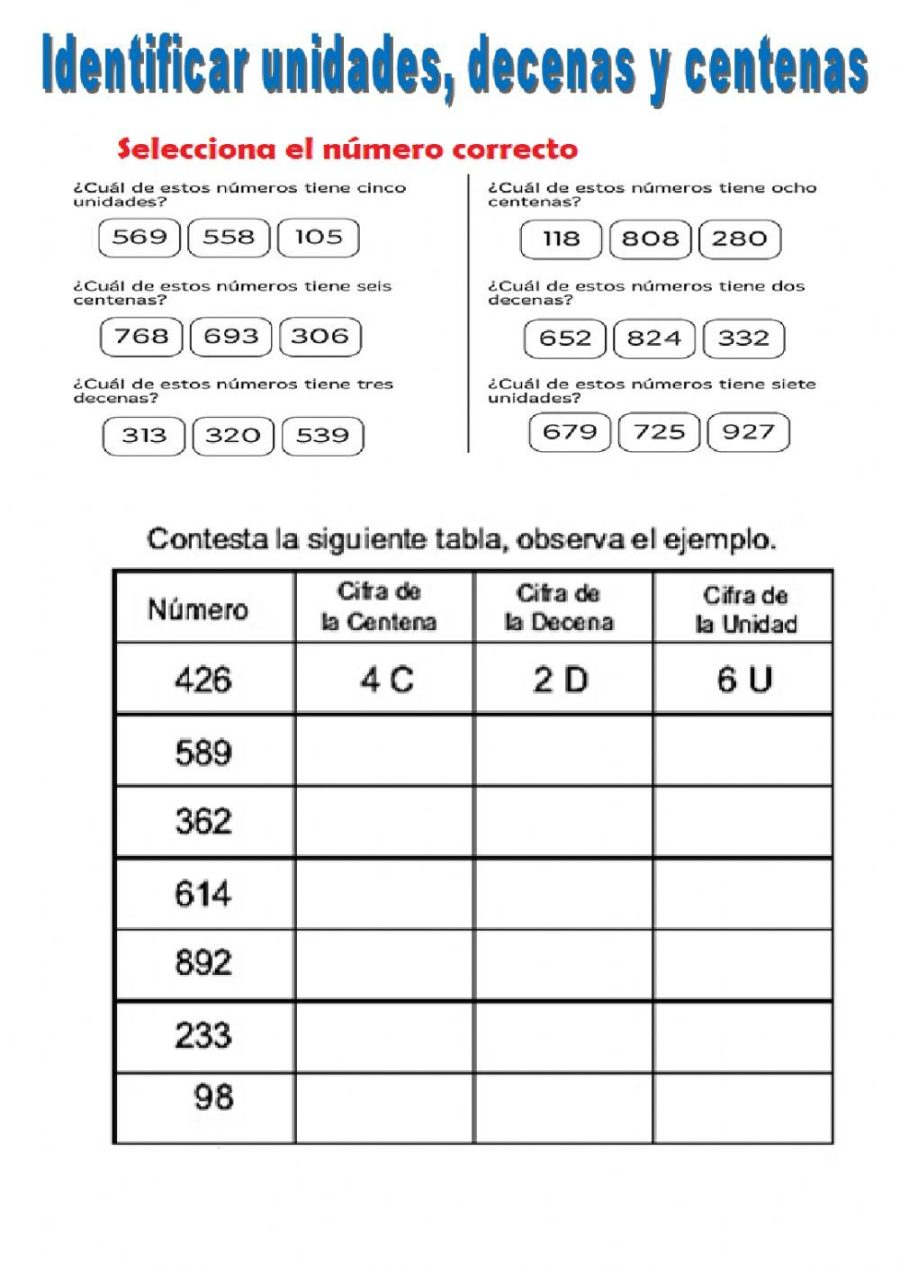 Ejemplos de ejercicios con unidades, decenas y centenas 1