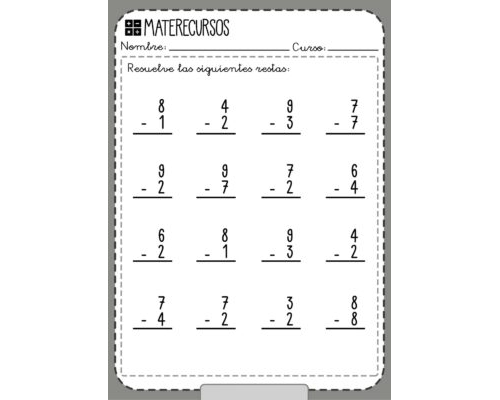Ejemplos de ficha de restas con llevadas para practicar 2