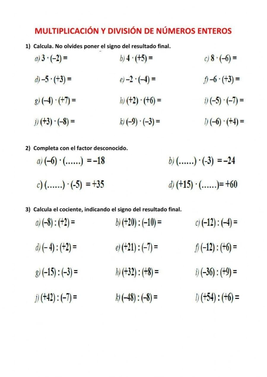Ejercicios de multiplicación y división 1