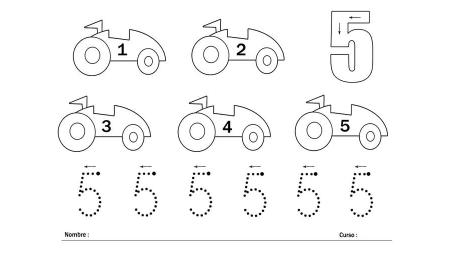 Ejercicios de escritura y reconocimiento del número 5 3