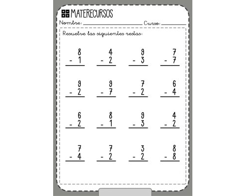 Ejemplos de ficha de restas con llevadas para practicar 2