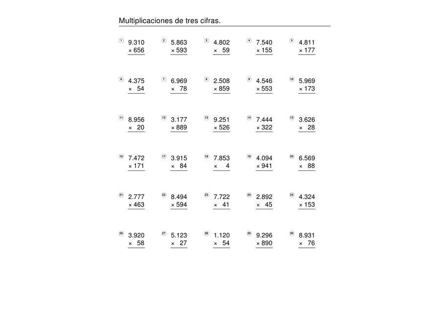 Fichas de multiplicaciones de 3 cifras 3