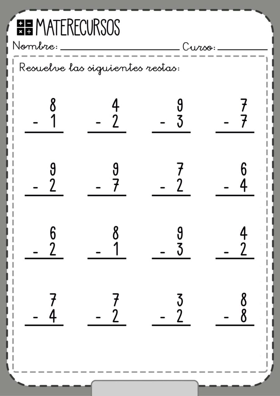 Ejemplos de ficha de restas con llevadas para practicar 2