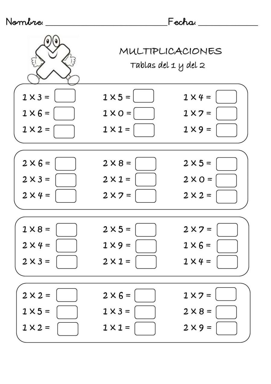 Fichas de multiplicaciones para niños de Primaria 2