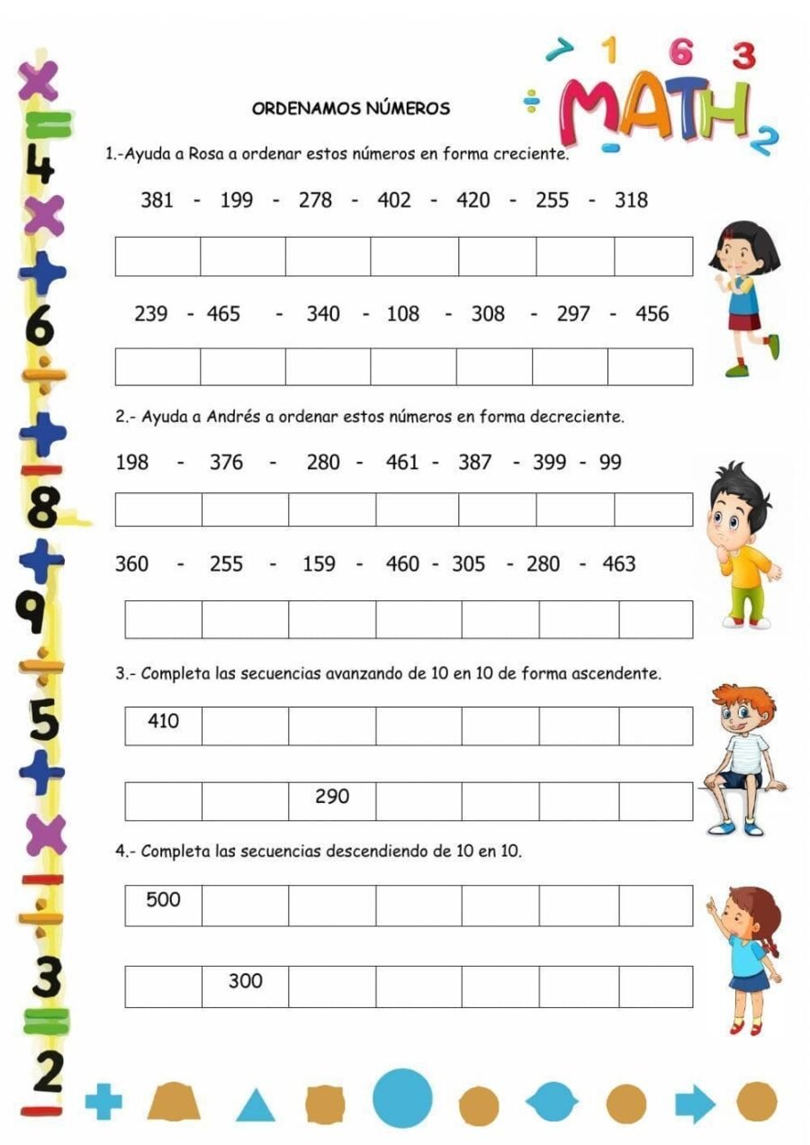 Secuencias ascendentes y descendentes actividades para ordenar números en el rango del 200 al 300 3
